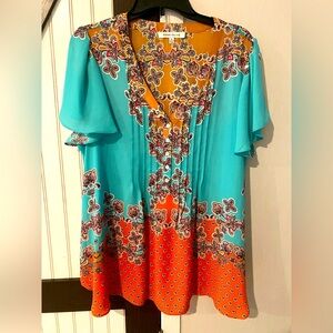 ROSE + OLIVE Multicolor Turquoise V-neck Pintucked Floral Blouse Plus Sz 1X
